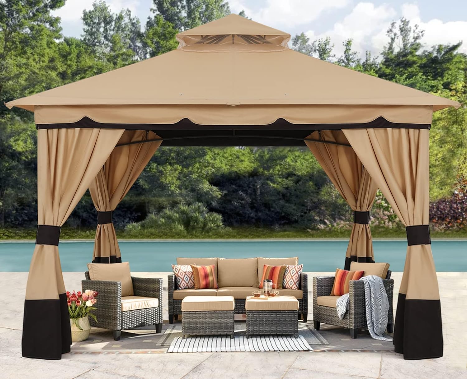ABCCANOPY 10'x10' Outdoor Gazebo, Double Roof Patio Gazebo with Shade Curtains, Beige
