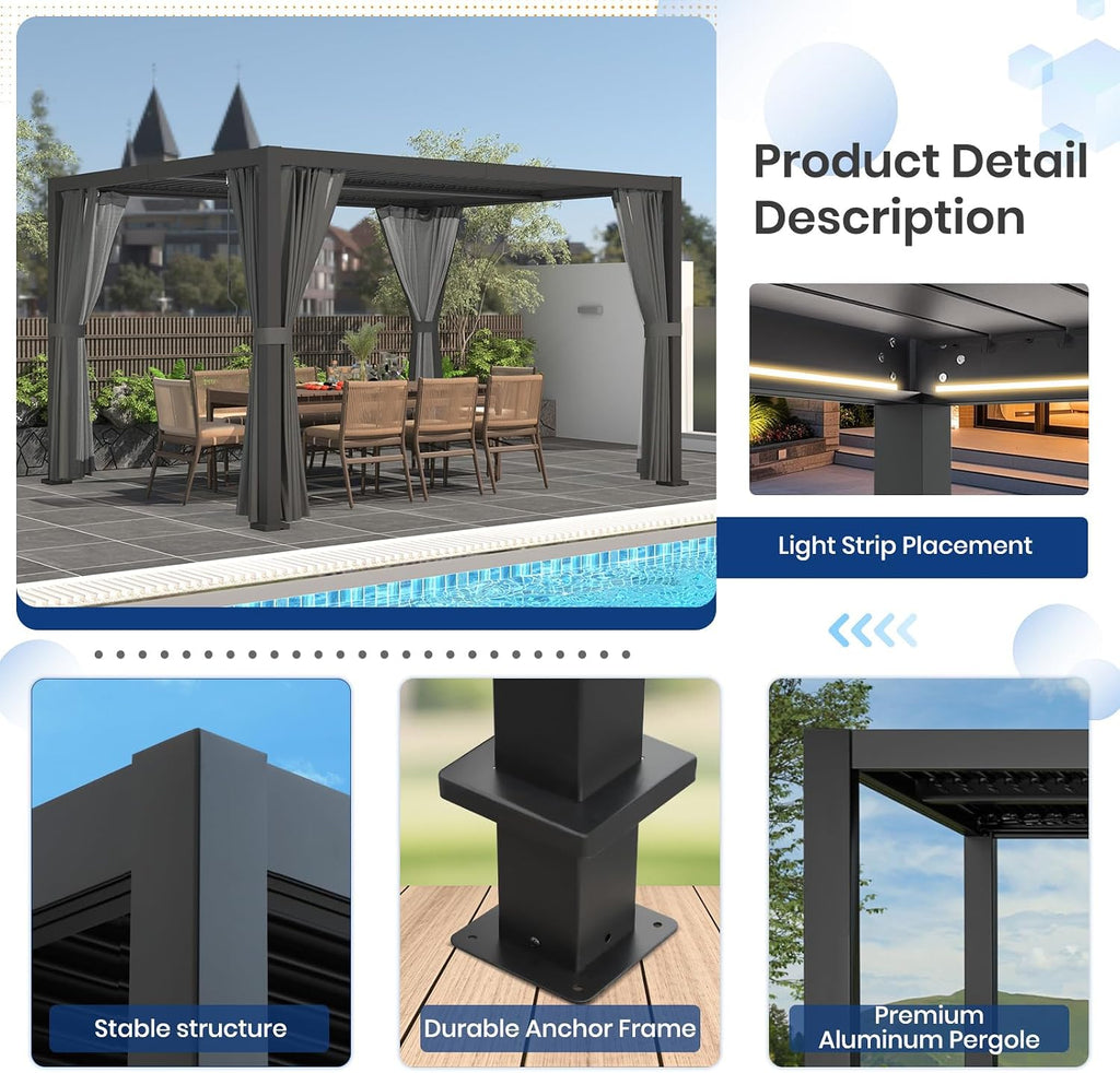 10'×12' Outdoor Louvered Pergola, Aluminum Outdoor Louvered Pergola Patio with Adjustable Roof for Outdoor Deck, Backyard, Garden (10x12FT with Curtain)