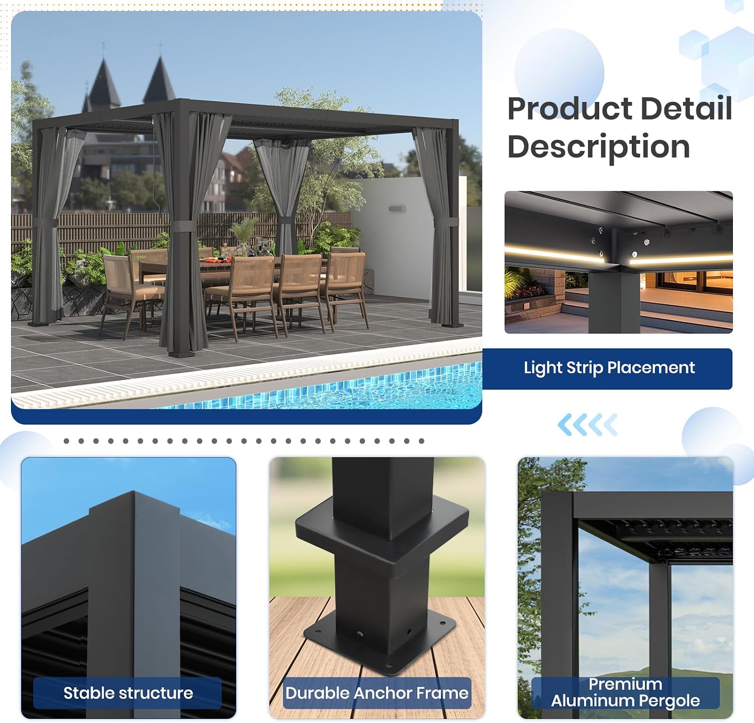 10'×12' Outdoor Louvered Pergola, Aluminum Outdoor Louvered Pergola Patio with Adjustable Roof for Outdoor Deck, Backyard, Garden (10x12FT with Curtain)
