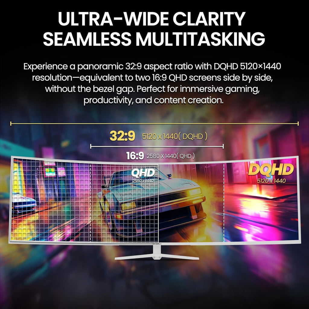 CRUA 49' White Curved Monitor | DQHD(5120 * 1440), 120Hz, 1500R, 32:9, AMD FreeSync, 120% sRGB, Height Adjustable Ultra-Wide Screen Computer Monitors, HDMI 2.1 & DP 1.4, Wall Mount Install