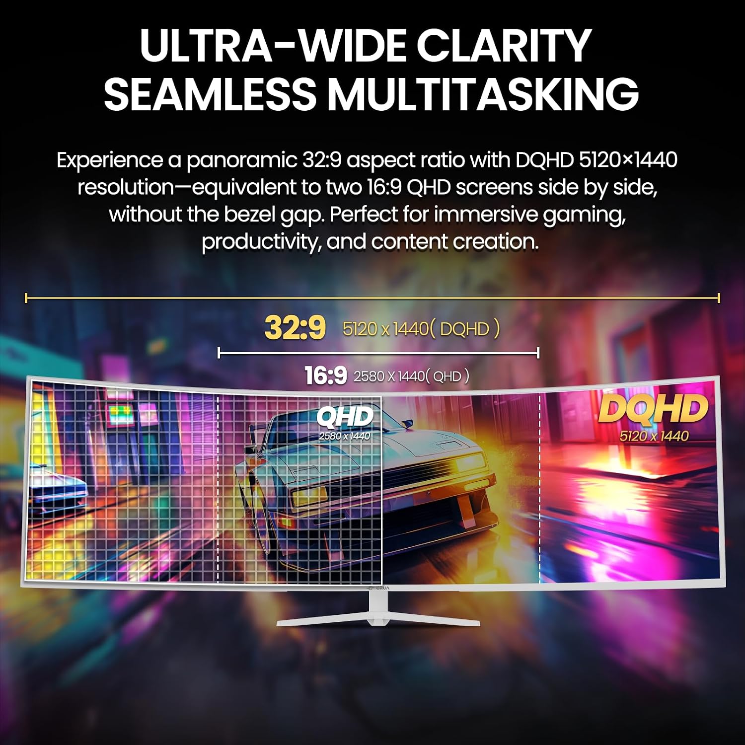 CRUA 49' White Curved Monitor | DQHD(5120 * 1440), 120Hz, 1500R, 32:9, AMD FreeSync, 120% sRGB, Height Adjustable Ultra-Wide Screen Computer Monitors, HDMI 2.1 & DP 1.4, Wall Mount Install