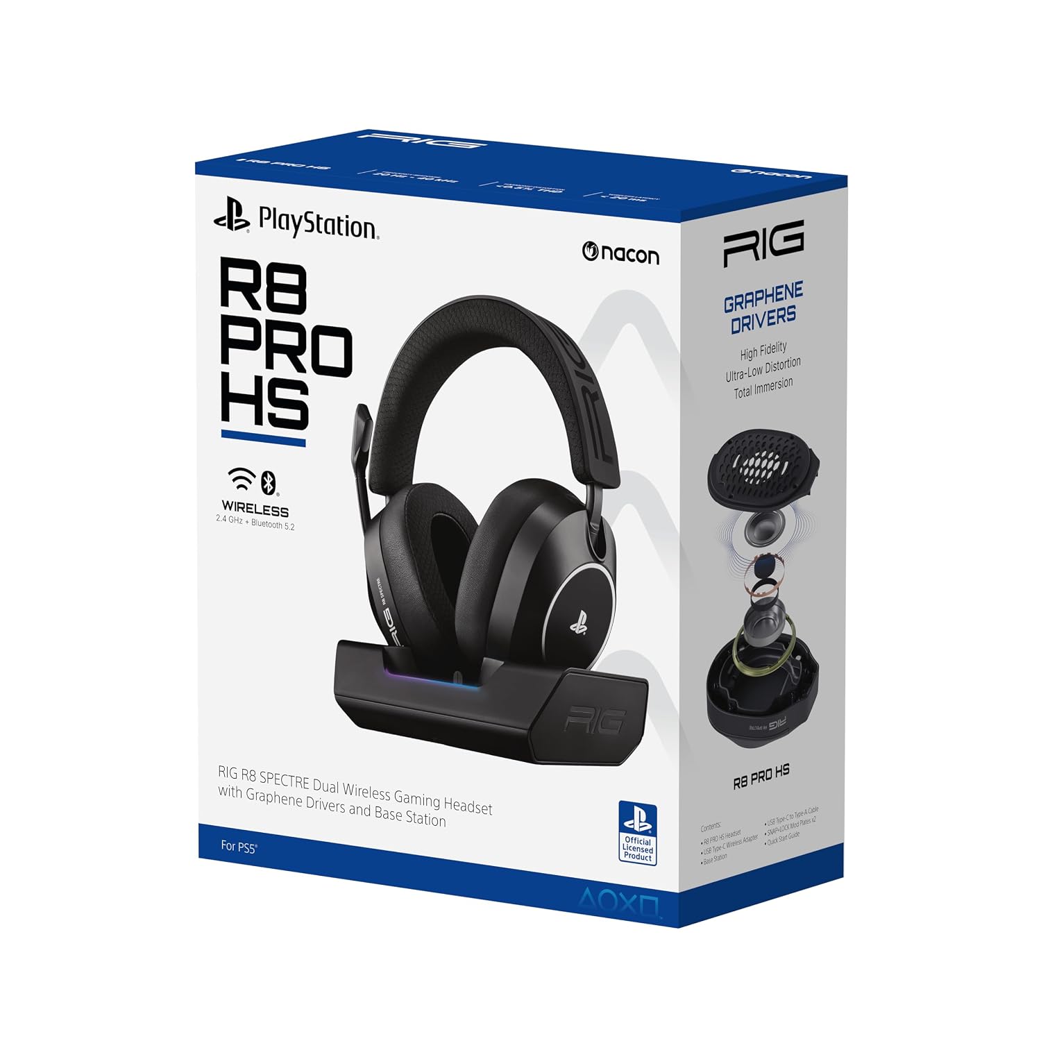 RIG R8 SPECTRE PRO HS Wireless Gaming Headset for PlayStation, PS5, PS4, PC, Mobile; Graphene Drivers, 3D Audio, Noise-Canceling Mic, Dual Wireless 2.4GHz / Bluetooth, 60-Hr Battery, RGB Charging Base