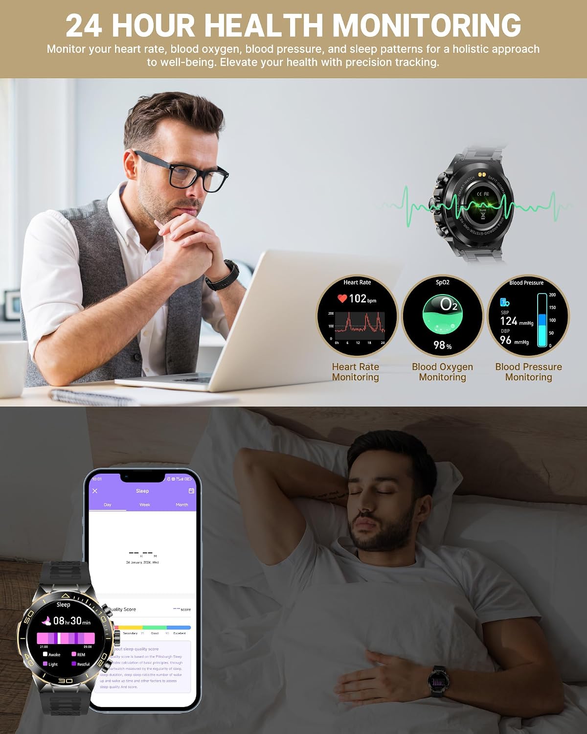 Smart Watch for Men Answer/Make Call for Android iPhone, 1.43' AMOLED HD Screen Mens Luxury Watch, 400mAh Heavy Duty Smartwatch Heart Rate Blood Oxygen Blood Pressure Sleep Monitor Pedometer, 2 Straps