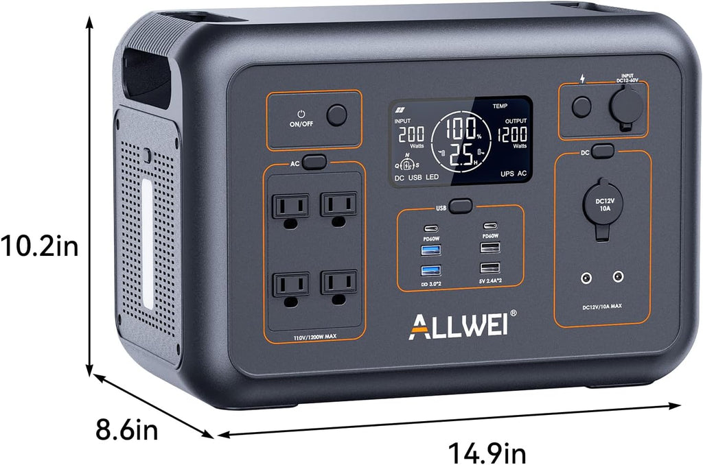 ALLWEI LiFePO4 Portable Power Station 1200W, 1008Wh Solar Generator with UPS Mode, 1.5Hrs Fast Charge, 4 AC Outlet(Surge 2400W), Power Battery Generator for CPAP Camping Outdoor Emergency