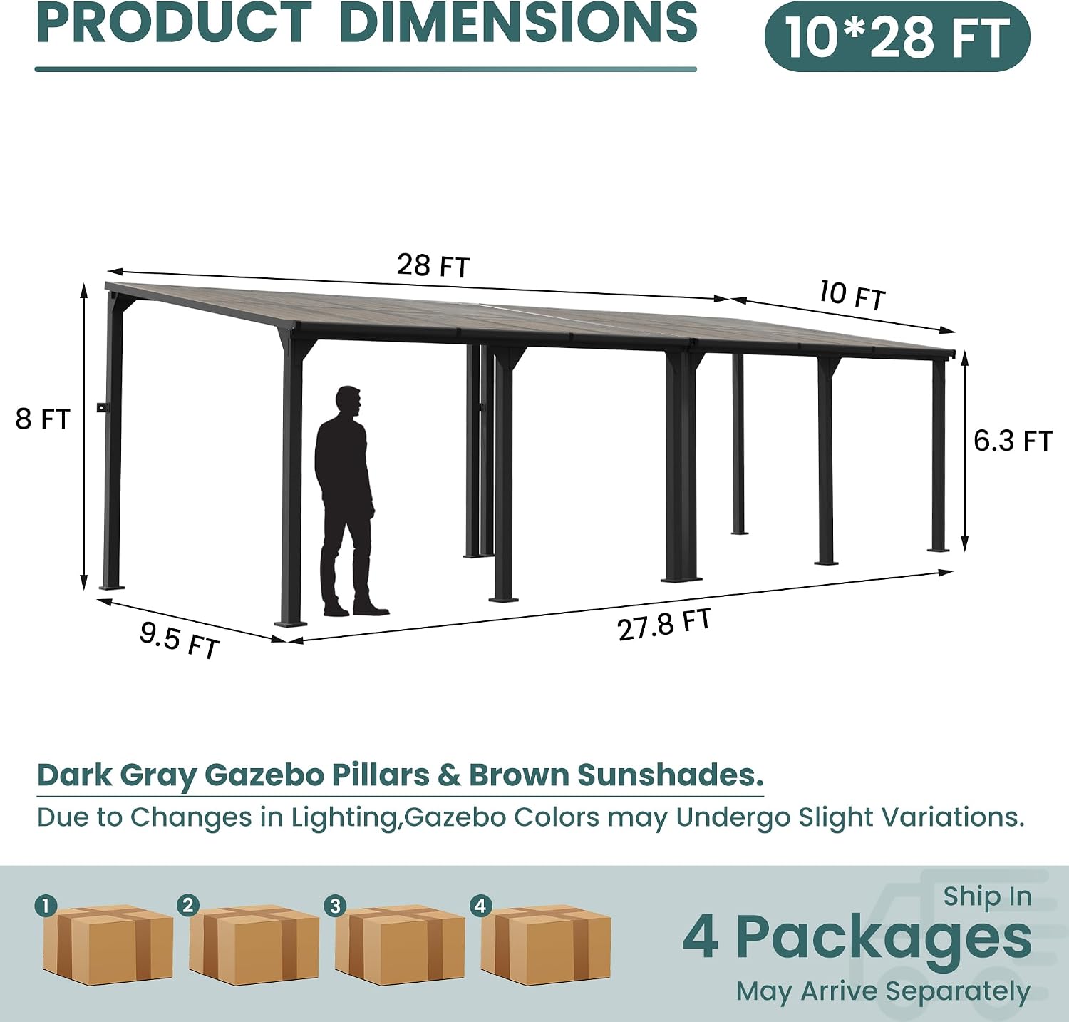 10 * 28FT Pergola,4 * 9 Inch Thickened Pillars & Enlarged Base,Outdoor Hardtop Lean to Gazebo,Wall Mounted Pergola,Pergolas Gazebos Clearance,Aluminum Frame Pergola,UV Resistant Patio Roof