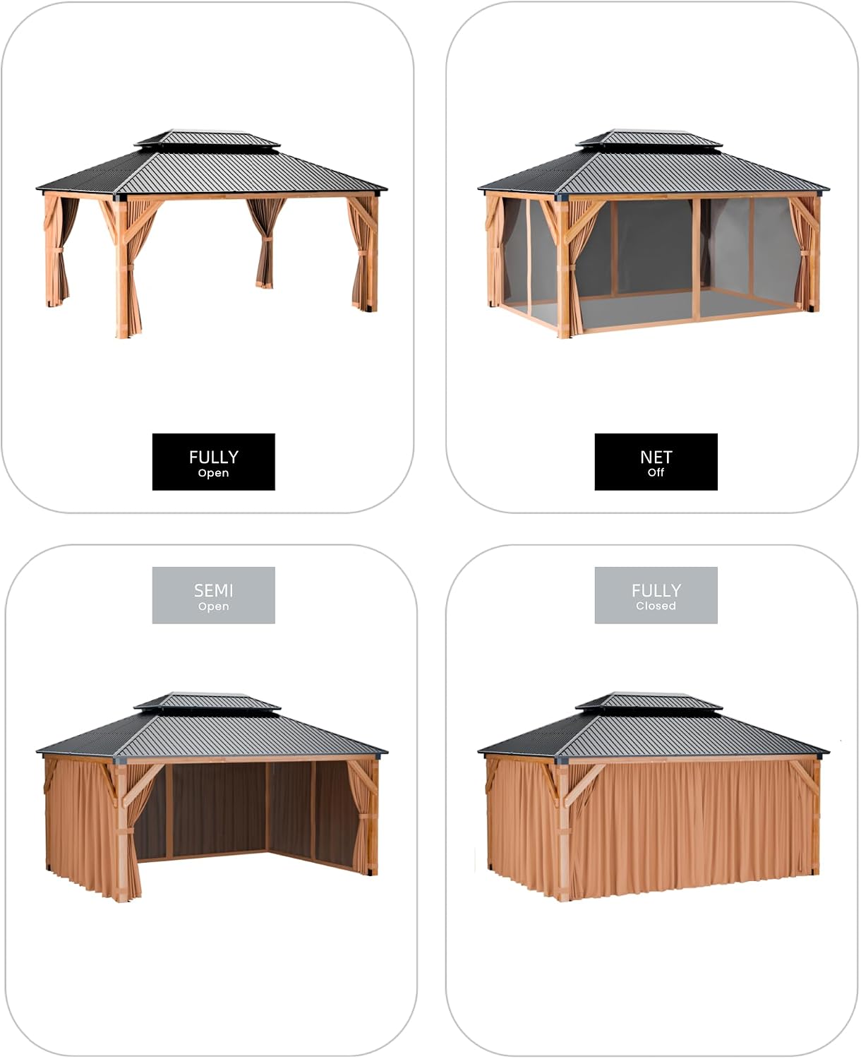 GarveeLife Hardtop Wood Gazebo 10 ft x12 ft for All Weather, with Double Metal Roof, Heavy Duty Wooden Frame, Net, and Curtain, Permanent Building for Patio, Deck, Backyard, Lawn, and Garden, Khaki
