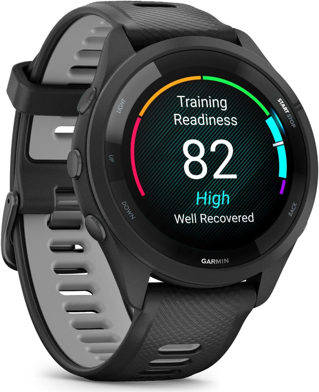 Garmin Forerunner 265 GPS Smartwatch - 46mm, Black/Powder Gray Bundle with Deco Essentials Charging Dock Venu 3 + Silicone Dust Cover + USB Type C Charging and Sync Cable