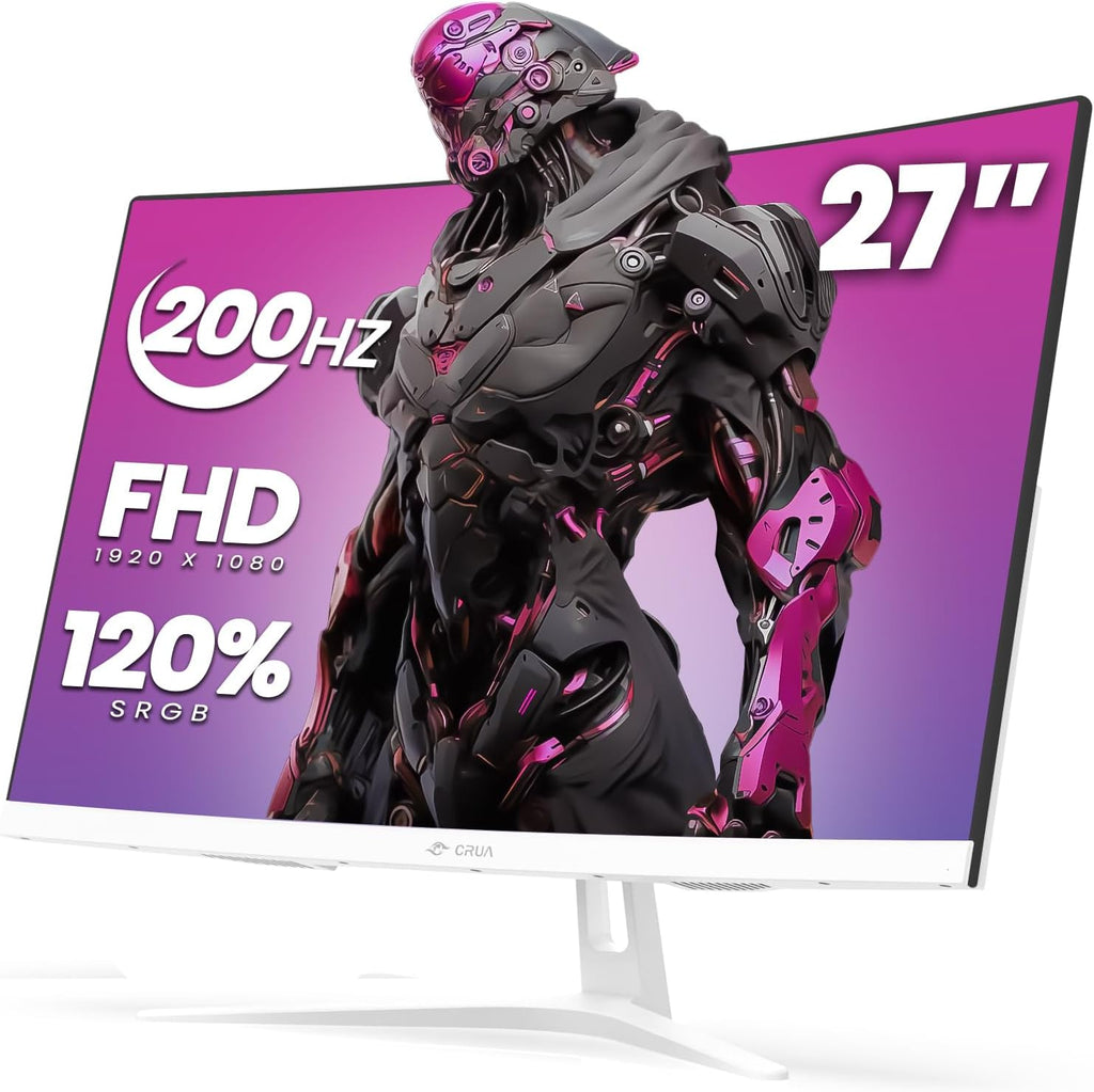 CRUA 27' Curved Gaming Monitor, 165Hz/200Hz FHD 1920x1080 VA Display, 1800R Screen, 120% sRGB, AMD FreeSync, Blue Light Filter, HDMI & DP, White PC Monitor for Gaming, Streaming & Work