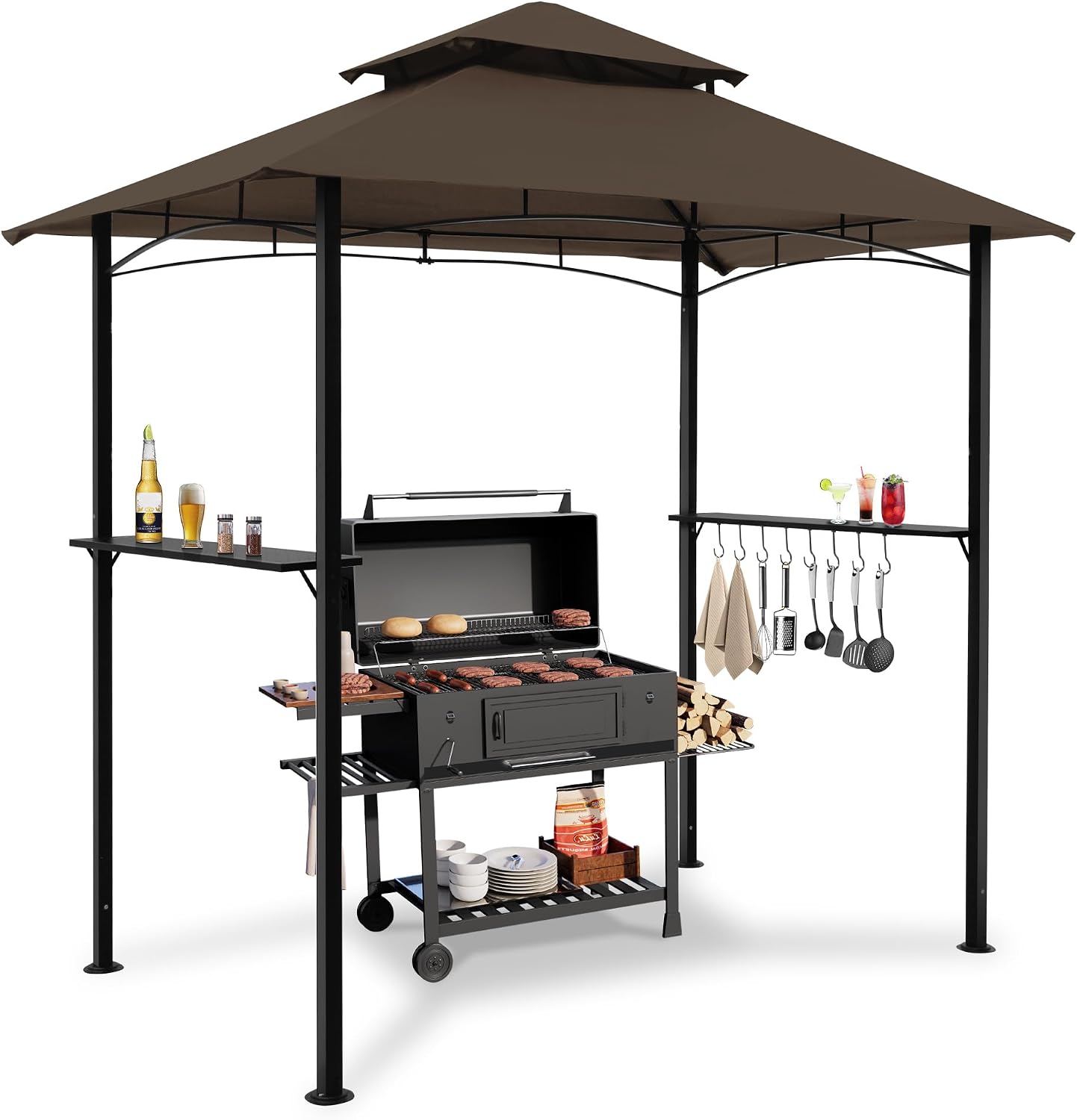 8'x 5' Grill Gazebo Canopy, Outdoor BBQ Gazebo with Led Light, Barbeque Gazebos Shelter for Patio (Brown)