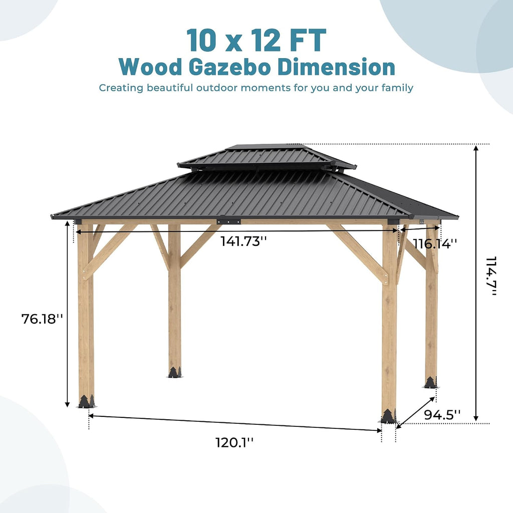 10'x12' Outdoor Wooden Gazebo, Outdoor Patio Gazebos with Galvanized Steel Double Roof, Heavy-Duty Cedar Wood Gazebo for Garden, Lawn, Poolside, Backyard Dec (Wood, 10x12FT)