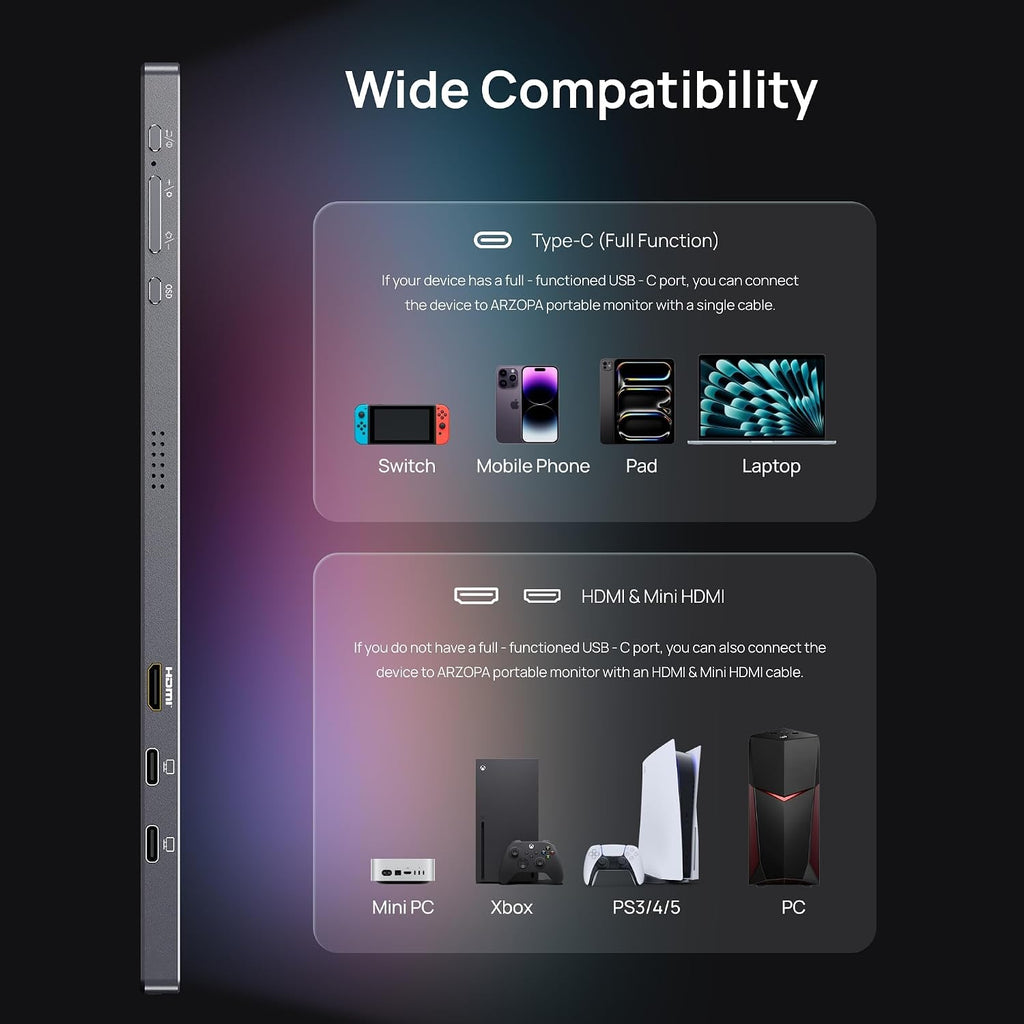 ARZOPA 16.1'' 180Hz 2.5K Portable Monitor, 2560x1440 QHD 107% sRGB Kickstand Portable Gaming Monitor with HDR, Ultra Slim, Eye Care, External Second Screen for Laptop, PC, PS5, Mac, Xbox-Z3FC