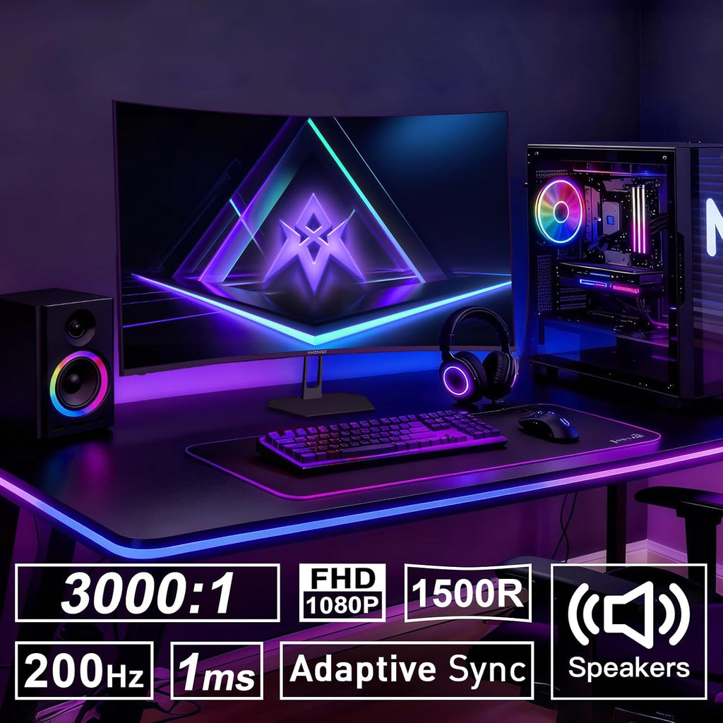 Amzfast 27 inch 200Hz Curved Gaming Monitor, FHD 1080p with Built-in Speakers, FreeSync, MPRT 1ms, 130% sRGB, 3000:1, 1500R, VESA Mount, HDMI 2.0&DP 1.4, 12 Months Warranty Exchange