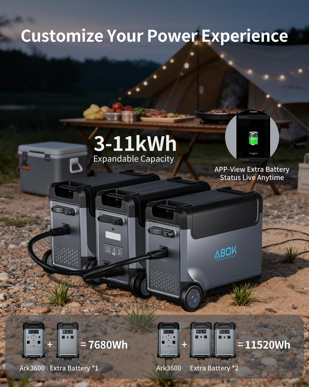 ABOK Ark3600 Portable Power Station Extra Battery for Ark3600, 3840Wh LiFePO4 Battery Electric Solar Generator for Garage, Home, Off-Grid Living,Car Refrigerator, Portable Air Conditioner