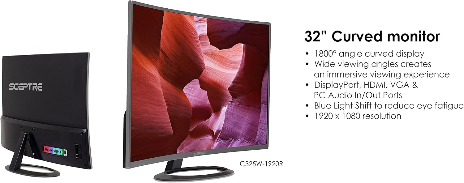 Sceptre C325W-1920R 32' 1800R Curved Monitor 1080P HDMI DisplayPort Ultra Thin Build-in Speakers, Metal Black