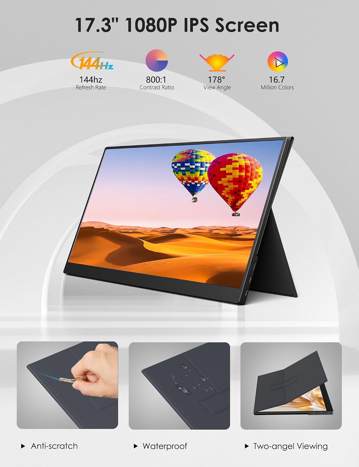 Anyuse 17.3' Portable Monitor, 1080P FHD, 144Hz, IPS HDR Screen, Travel Monitor for PC Mac Phone Xbox PS5 Switch Laptop, Smart Cover & Speakers