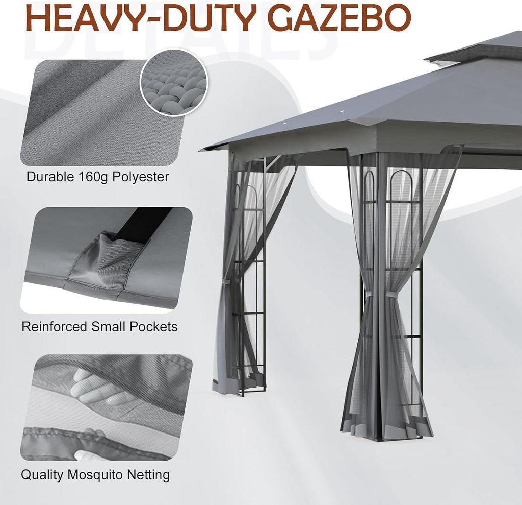 COOS BAY 10x12 Outdoor Patio Gazebo with Netting, Two Tier Water Resistant Canopy for Backyard, Gray