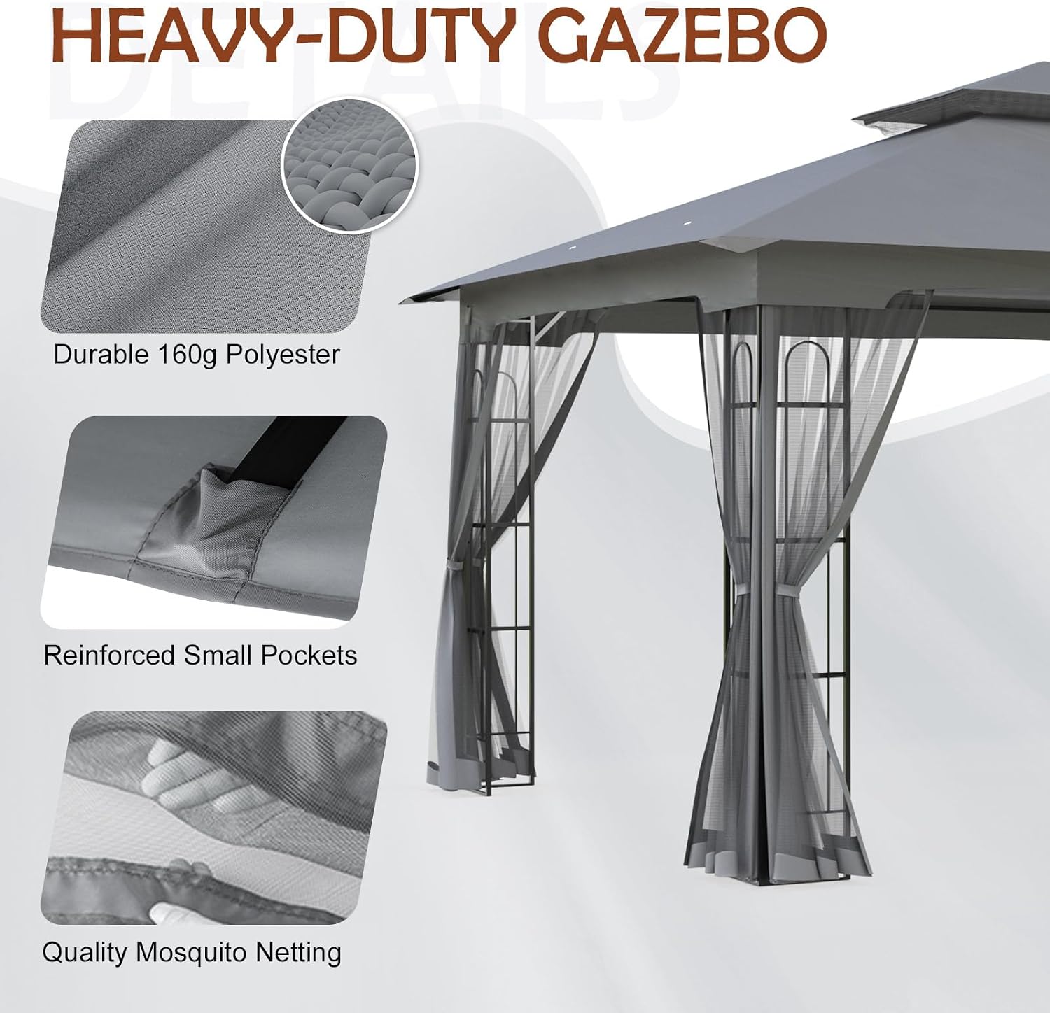 COOS BAY 10x12 Outdoor Patio Gazebo with Netting, Two Tier Water Resistant Canopy for Backyard, Gray