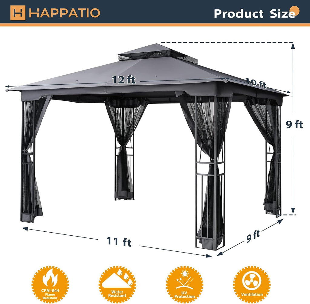 HAPPATIO 10' X 12' Outdoor Patio Gazebo, Canopy Gazebo for Garden,Yard,Patio with Ventilation Double Roof with Mosquito Netting,Gray
