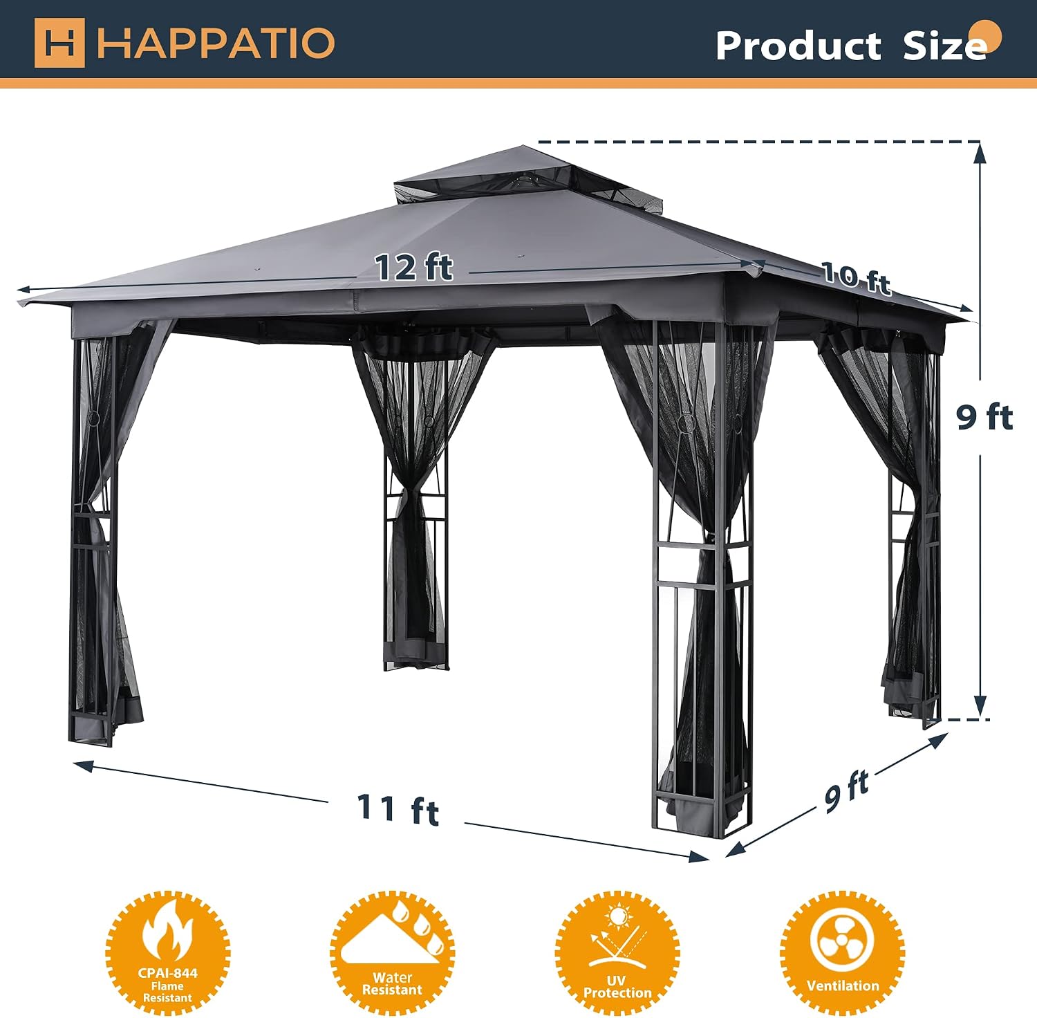 HAPPATIO 10' X 12' Outdoor Patio Gazebo, Canopy Gazebo for Garden,Yard,Patio with Ventilation Double Roof with Mosquito Netting,Gray