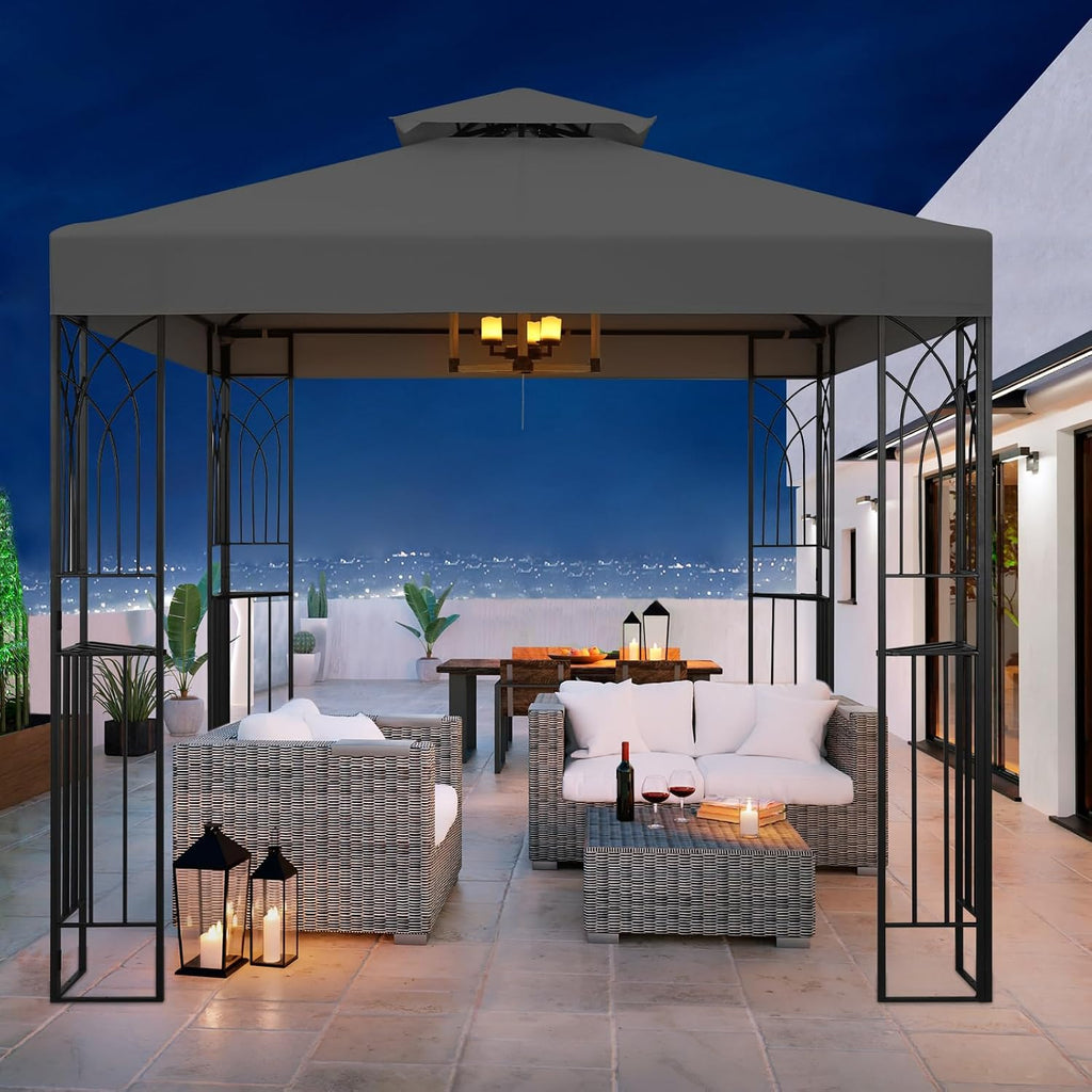COOS BAY 8x8 Patio Gazebo with Corner Shelves, Two Tier Soft Top Canopy with UV Protection for Backyard, Garden, Lawn, Outdoor Events, Gray