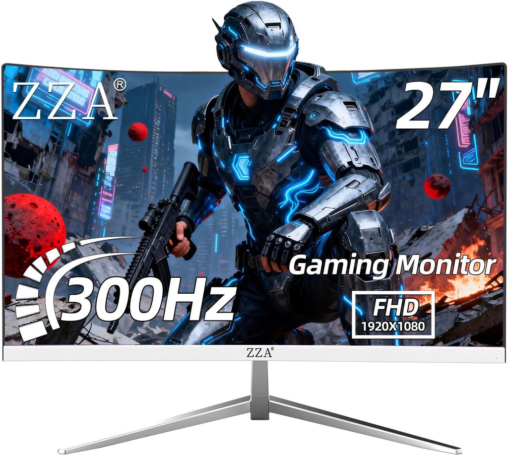 ZZA 27 inch White Gaming Monitor,240-300Hz Curved Monitor,Full HD 1080P Computer Monitor,Eye-Care Display with HDMI,DP,FreeSync,Wall Mountable for Office and Home