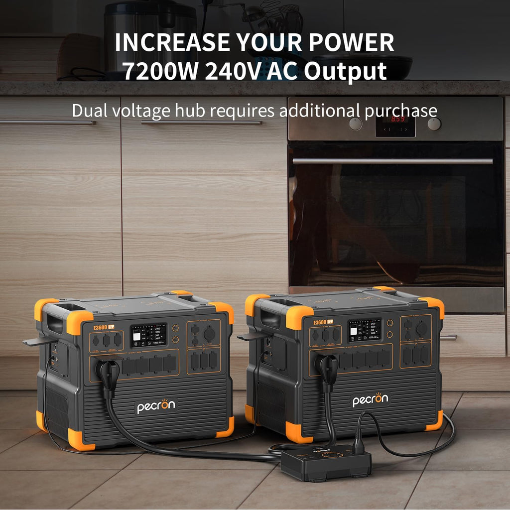 PECRON Two E3600LFP Portable Power Station with 240V Double Voltage Hub, 3072Wh Solar Generator with 8x300W Solar Panels included, 3600W LiFePO4 Battery Backup for Home Use, RV, Camping