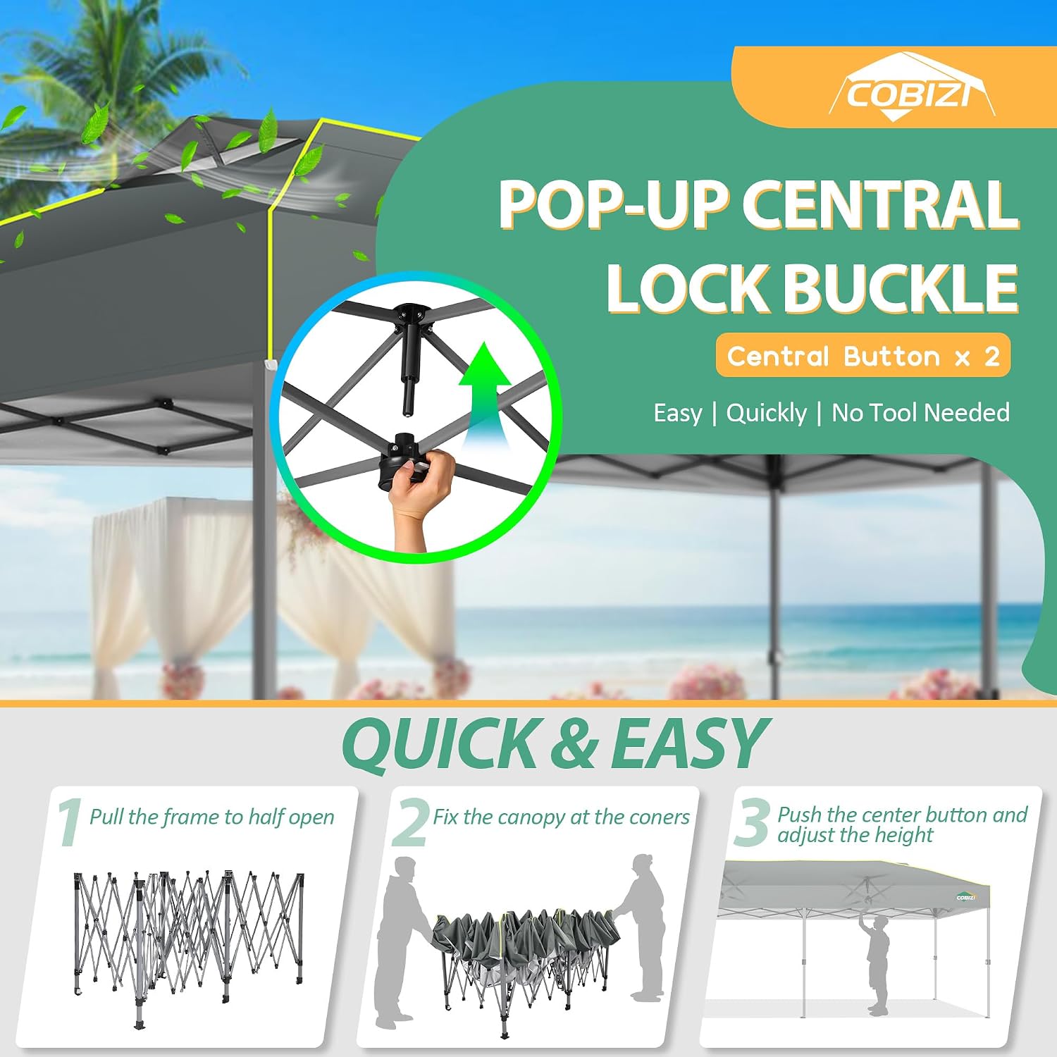 COBIZI 10x20 Pop Up Canopy Tent Ez Up Commercial Outdoor Canopy Wedding Party Tents with Center Lock Instant Folding Shelter with Reflective Strip, Air Vent & 4 Sandbags, (10'X20') Grey