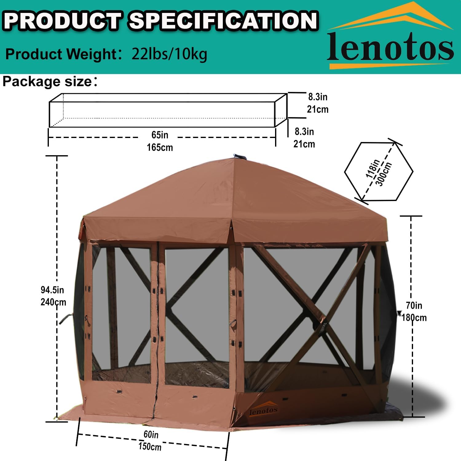 Lenotos 10 x 10 FT Pop Up Screen Tent, Portable Outdoor Camping Gazebo with Ground Stakes and Carry Bag, Brown