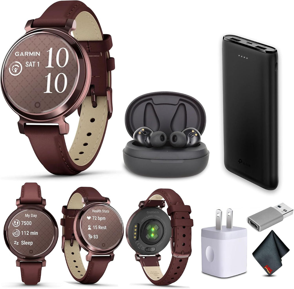 Garmin Lily 2 Classic Small and Stylish Smartwatch Up to 5 Days Battery Life Hidden Display Patterned Lens Dark Bronze with Mulberry (010-02839-03) Fitness Smart Watch Bundle for Women