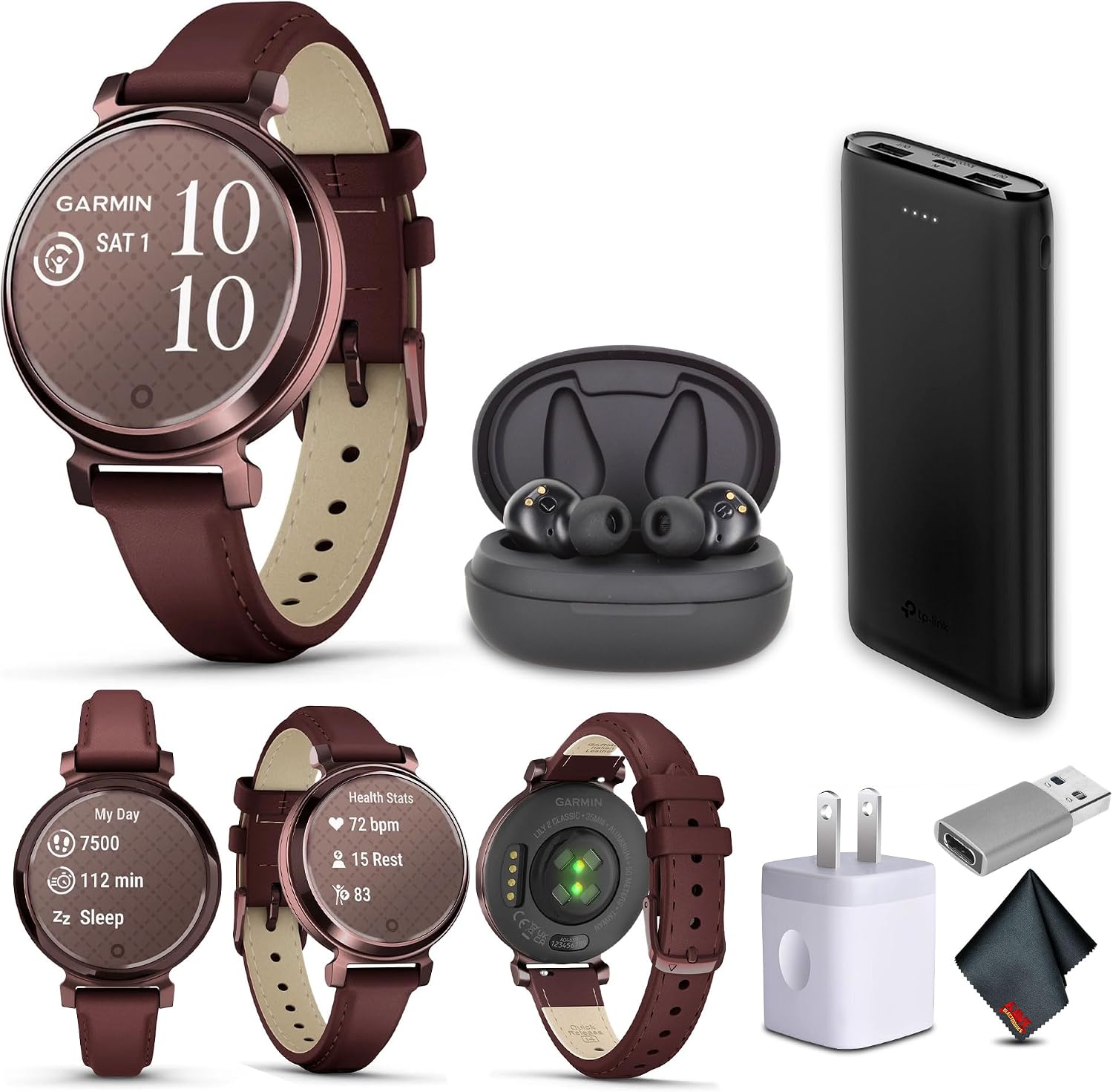 Garmin Lily 2 Classic Small and Stylish Smartwatch Up to 5 Days Battery Life Hidden Display Patterned Lens Dark Bronze with Mulberry (010-02839-03) Fitness Smart Watch Bundle for Women