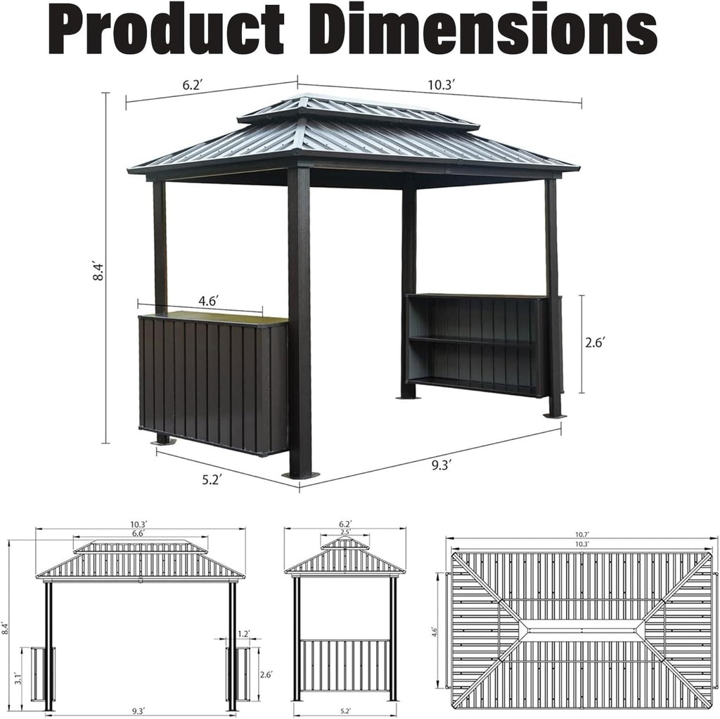 Hardtop Grill Gazebo, 2 Side Shelves & Ceiling Hooks, Permanent Outdoor BBQ Canopy with Galvanized Steel Roof, Metal All-Steel Frame for Patio, Backyard, Deck, Lawn, (Brown, 6x10FT Classic Roof)