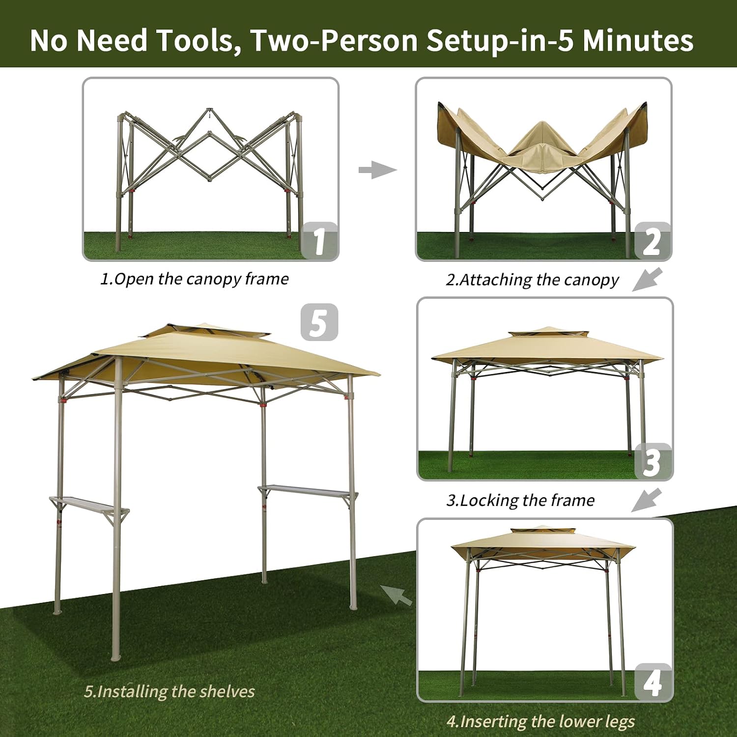 Crown Shades 8x5 Grill Gazebo - Pop Up Canopy for BBQ and Backyard Patio - Easy Outdoor Barbecue Shade Cover with Double Tier Vented Top & 2 Side Shelves (Beige)