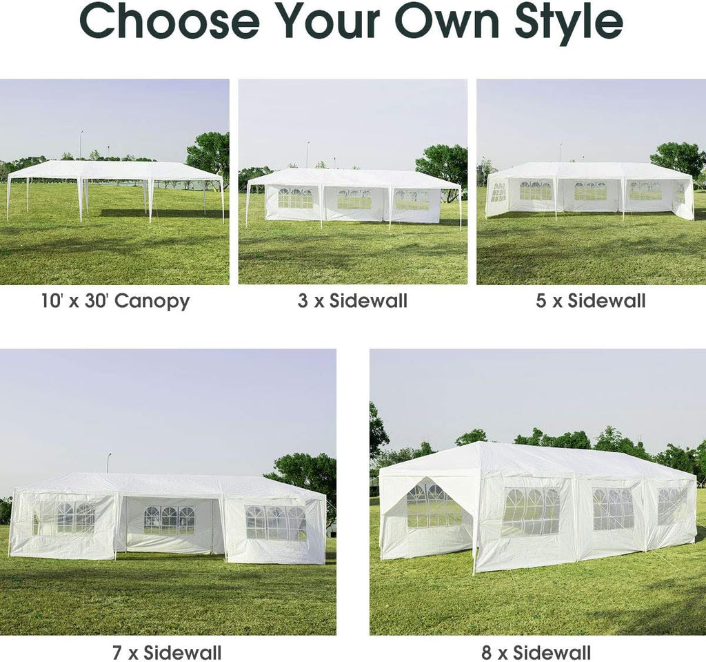 Tangkula 10' x 30' Outdoor Waterproof Gazebo Canopy w/ 6 Removable Sidewalls and 2 Doorways, Heavy Duty Large Tent w/Strong Connection Stakes Ropes for Party Wedding Events Beach BBQ (White)