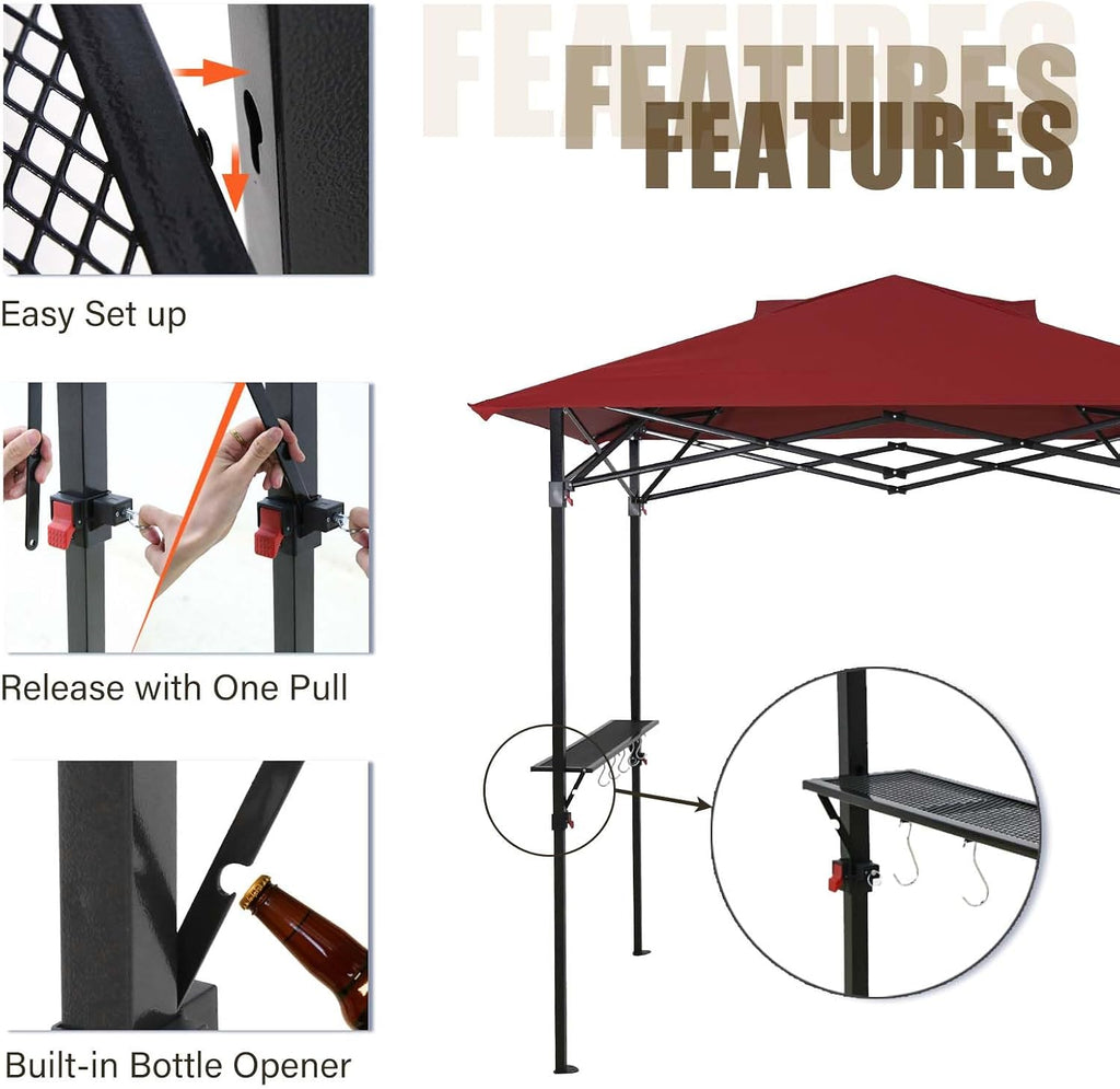 EAGLE PEAK 8x5 Pop up Grill Gazebo with Carry Bag, Instant Outdoor BBQ Canopy Tent with Air Vent for Barbeque, Picnic and Patio, Red