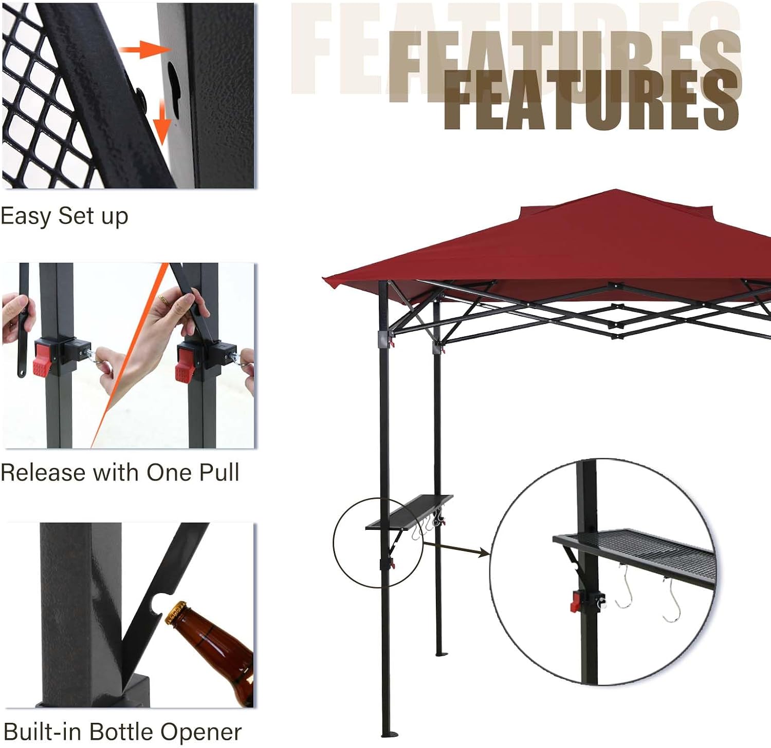 EAGLE PEAK 8x5 Pop up Grill Gazebo with Carry Bag, Instant Outdoor BBQ Canopy Tent with Air Vent for Barbeque, Picnic and Patio, Red