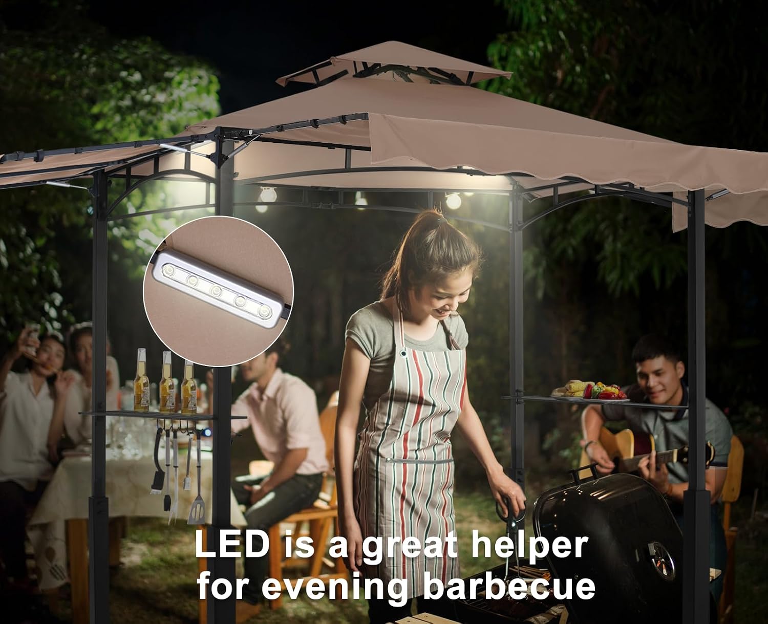 ABCCANOPY Grill Gazebo with 3 Side Awnings - 14x5 Outdoor BBQ Canopy Shelter with 2 Led Lights for Patio Backyard Grilling (Khaki)