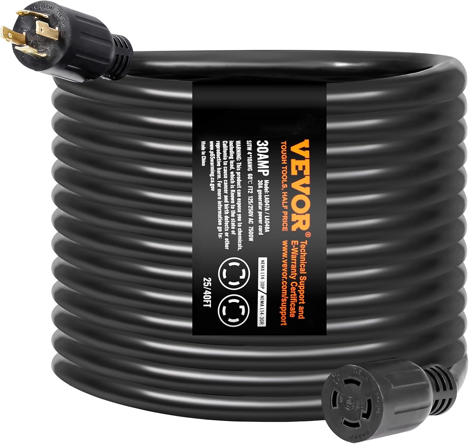 VEVOR 30 Amp Generator Cord and Power Inlet Box Kit, 40 FT Generator Extension Cord NEMA L14-30P/L14-30R STW 10 AWG with Twist Lock Connector, Pre-Drilled Inlet Box, ETL Listed