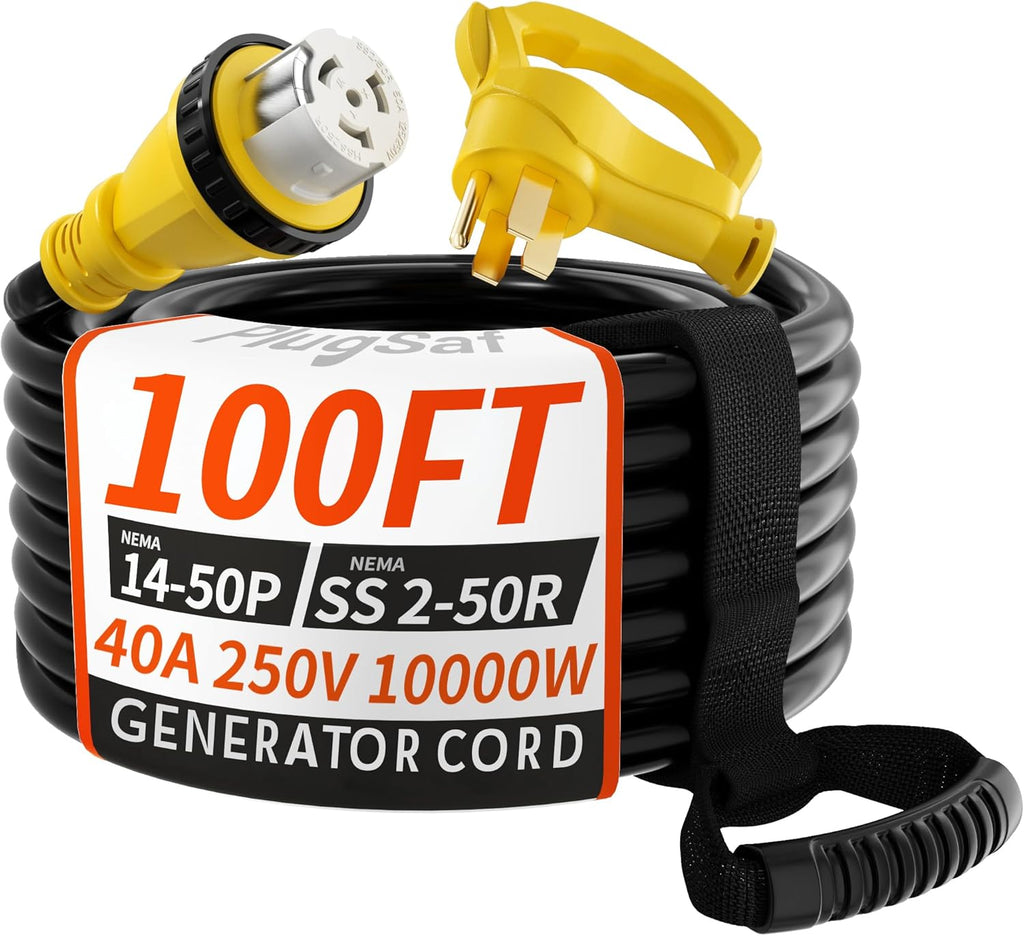 PlugSaf 40 Amp Generator Cord, 100FT 40 Amp RV Extension Cord with Twist Lock, Generator Cable 40A 4 Prong Yellow, NEMA 14-50P/SS2-50R Heavy Duty STW Wire for RV Camper & House