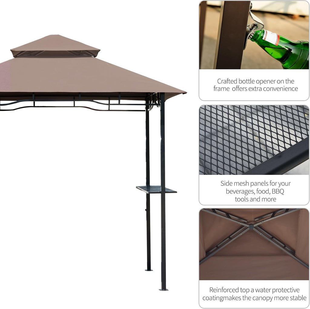 Outsunny 8' x 5' Grill Gazebo with Double Roof, Outdoor BBQ Gazebo with 2 Side Shelves, Steel Grill Tent Canopy for Patio Yard Garden, Coffee