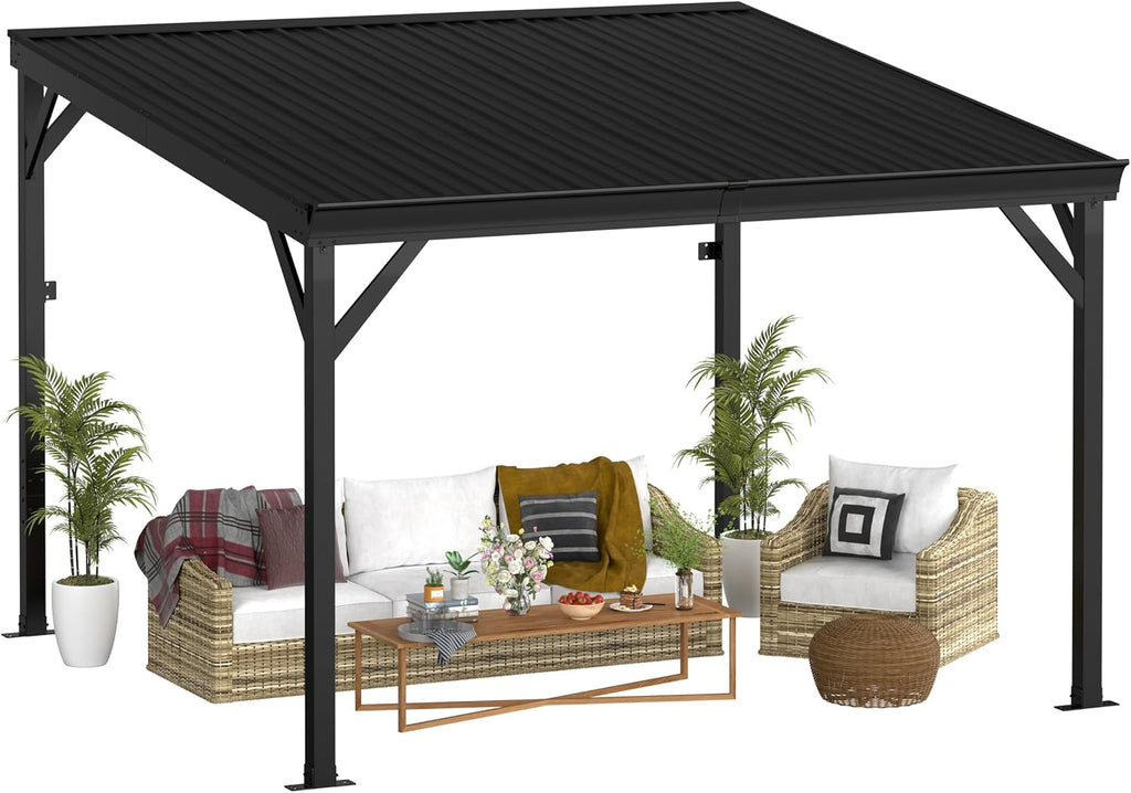Yardenaler 8x10 FT Wall Mounted Gazebo with Triangle Structure, Hardtop Lean to Gazebo with Aluminum Slope Roof, 3.15'x3.15' Post Outdoor Pergola with Drainage System for Patio, Backyard, Deck