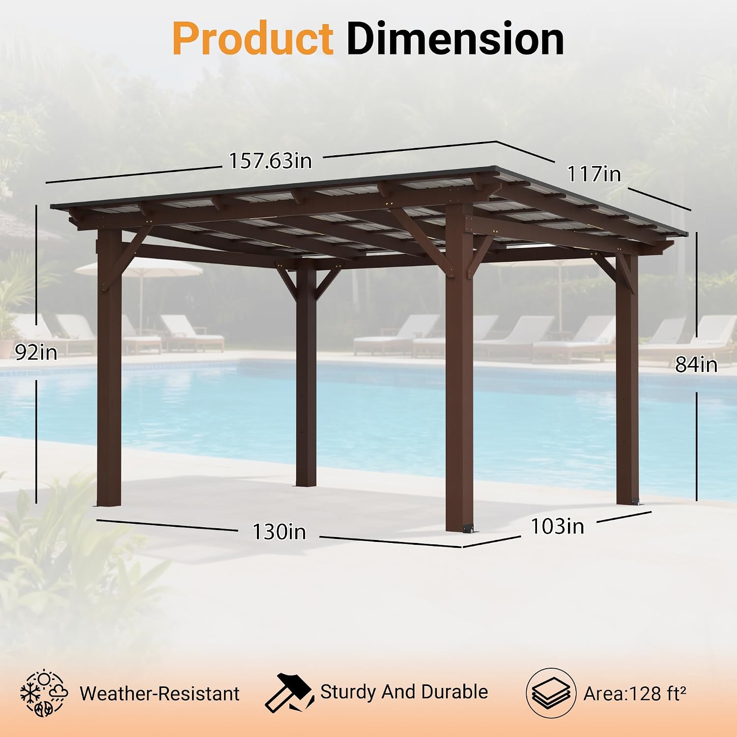 10' x 13' Wooden Pergola with Sloping Metal Roof, Heavy Duty Fir Wood Frame Patio Gazebo, Wind-Resistant UV & Rain Protection Outdoor Shelter for Garden, Backyard, BBQ or Deck