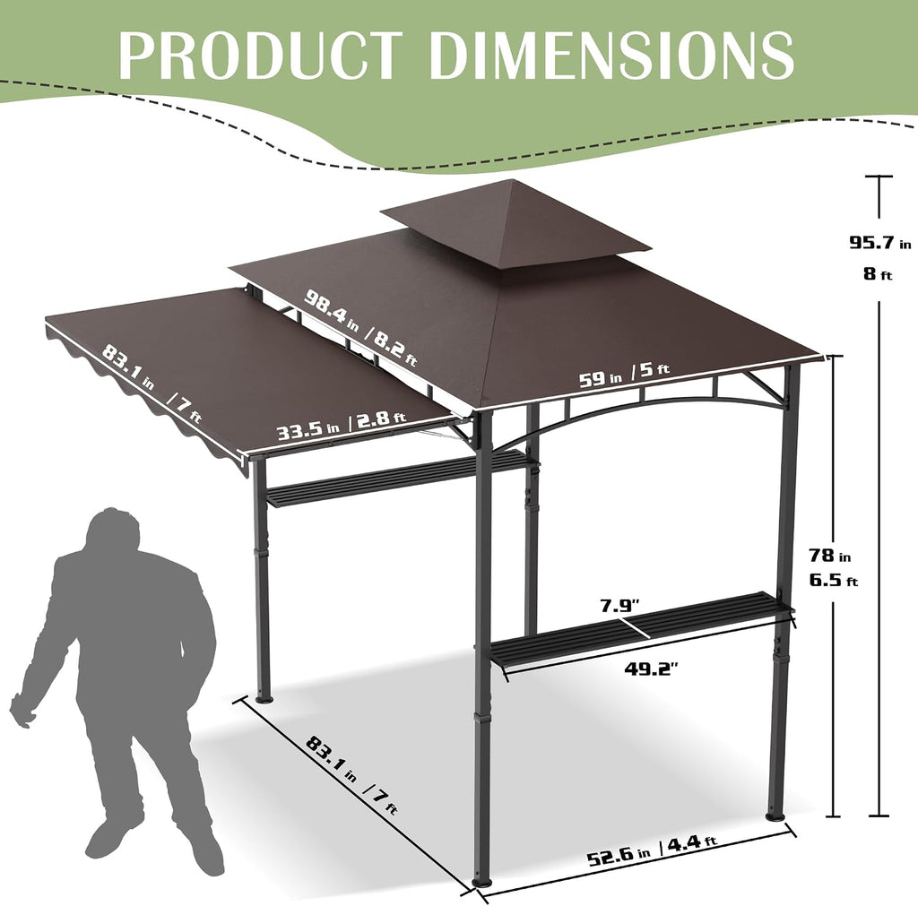 8'X 8' Grill Gazebo with Extra Side Awning, Double Tiered BBQ Gazebos Heavy-Duty Steel Frame Awning with 2 Side Shelves 6 Hooks, Outdoor Pergolas Awnings Tent for Patio Deck Backyard BBQ Party