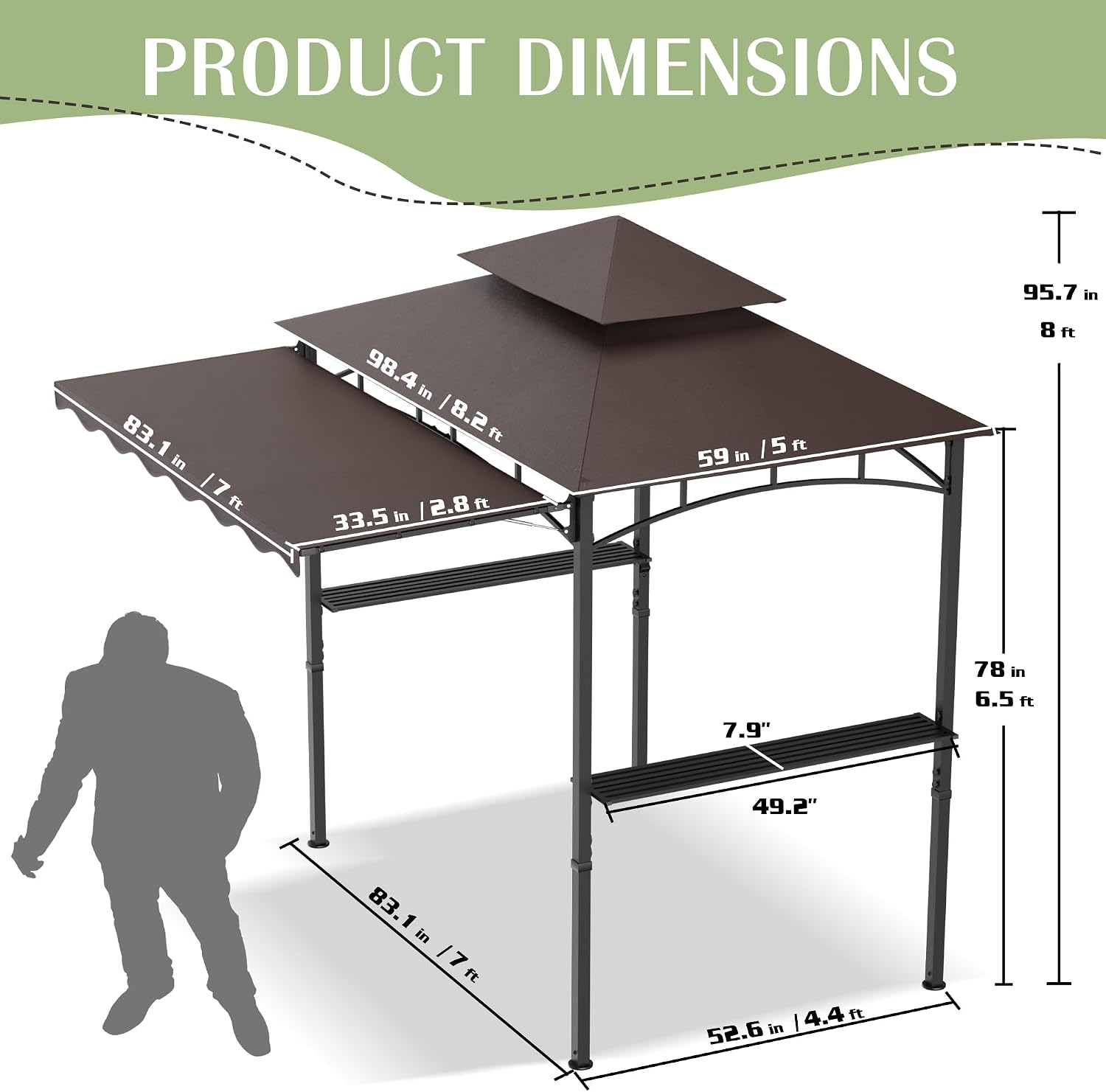 8'X 8' Grill Gazebo with Extra Side Awning, Double Tiered BBQ Gazebos Heavy-Duty Steel Frame Awning with 2 Side Shelves 6 Hooks, Outdoor Pergolas Awnings Tent for Patio Deck Backyard BBQ Party