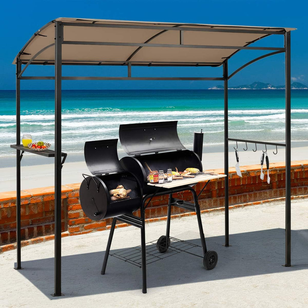LDAILY Grill Gazebo, 7x4.4ft BBQ Canopy Shelter with Storage Shelf and Hooks, Heavy-Duty Steel Frame, Grill Pergola with Bottle Opener Notch, Small Gazebo for Backyard, Patio, Garden (Brown)