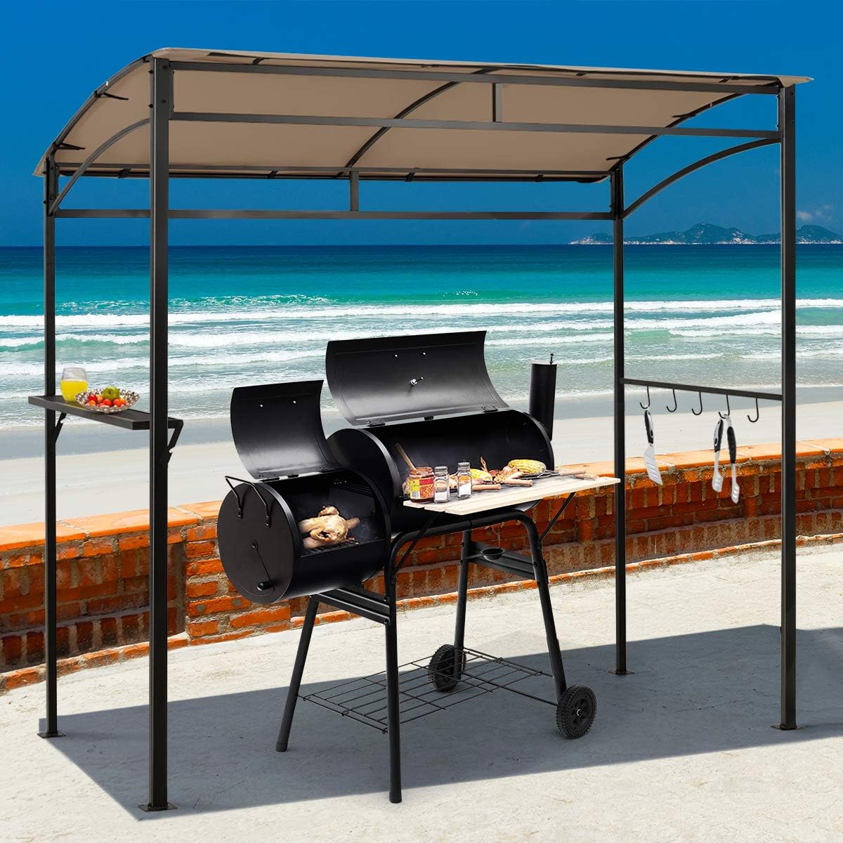 LDAILY Grill Gazebo, 7x4.4ft BBQ Canopy Shelter with Storage Shelf and Hooks, Heavy-Duty Steel Frame, Grill Pergola with Bottle Opener Notch, Small Gazebo for Backyard, Patio, Garden (Brown)