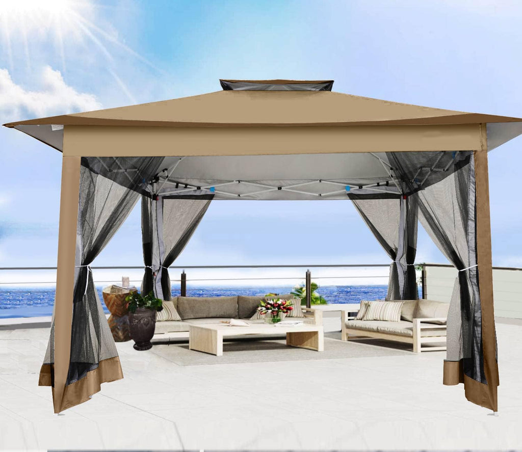 COBIZI 12x12 Pop Up Gazebo On Clearance Canopy Tent- Upgrade Metal Outdoor Canopy Waterproof - Portable Gazebo with Mosquito Nettings, 4 Ropes 8 Stakes and Carry Bag for Patio Garden(Coffee)