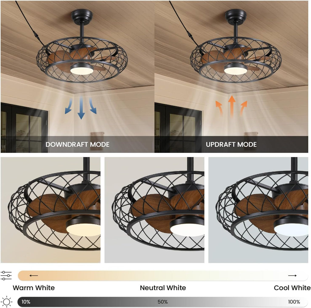 24' Outdoor Ceiling Fan with Lights Hanging Plug in Caged Outdoor Fan Remote APP Control 3CCT Dimmable, Quiet Reversible DC Motor Waterproof for Patio Pergola Porch Canopy Walnut