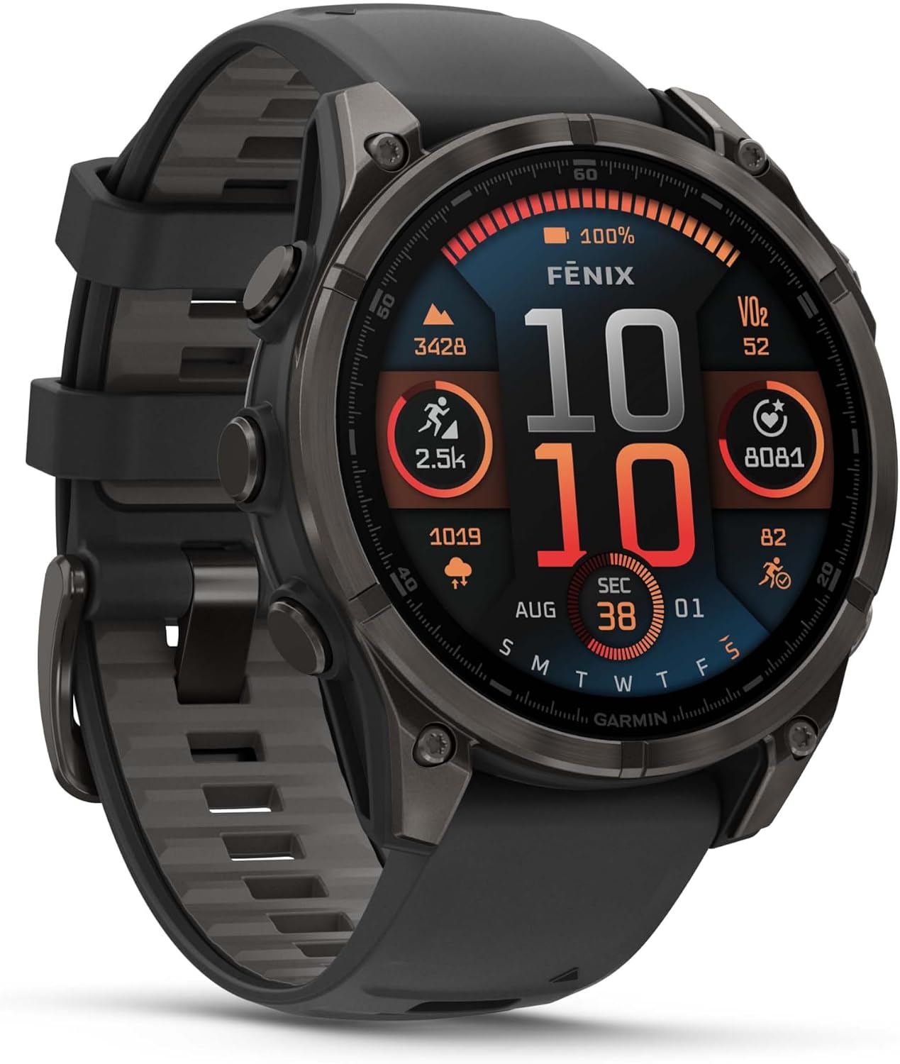 Garmin Fenix 8 47MM AMOLED Sapphire Premium Multisport GPS Smartwatch Carbon Gray DLC Titanium with Black Gray Silicone Band, Built-in LED Flashlight, Health & Fitness Smart Watch Bundle for Men