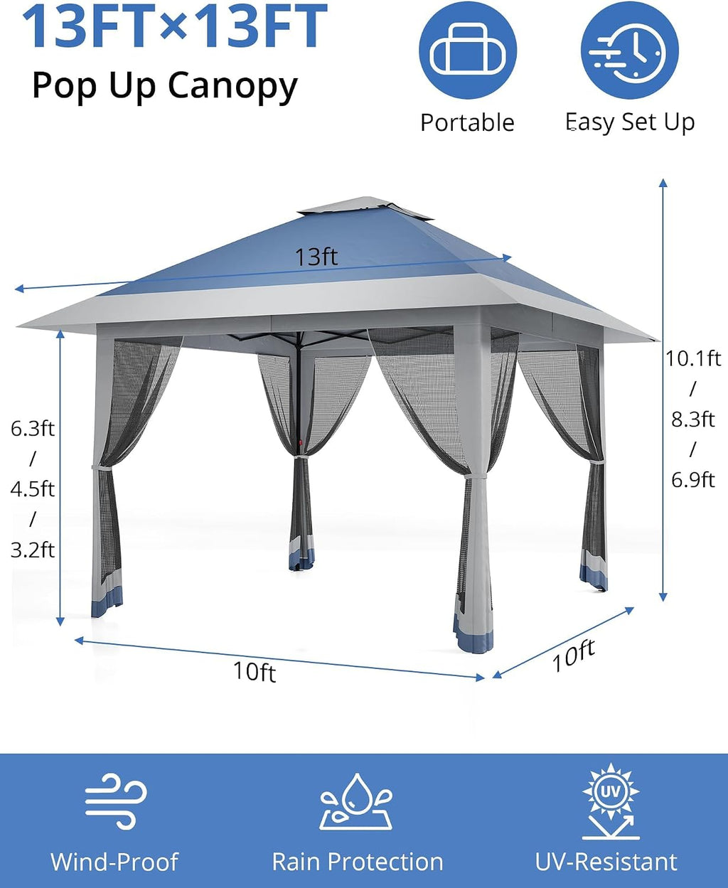 13x13ft Popup Hexagonal Gazebo with Mosquito Net, Adjustable Outdoor Hexagonal Canopy with Portable Handbag for Garden/Backyard/Patio - Gray (Navy Blue)