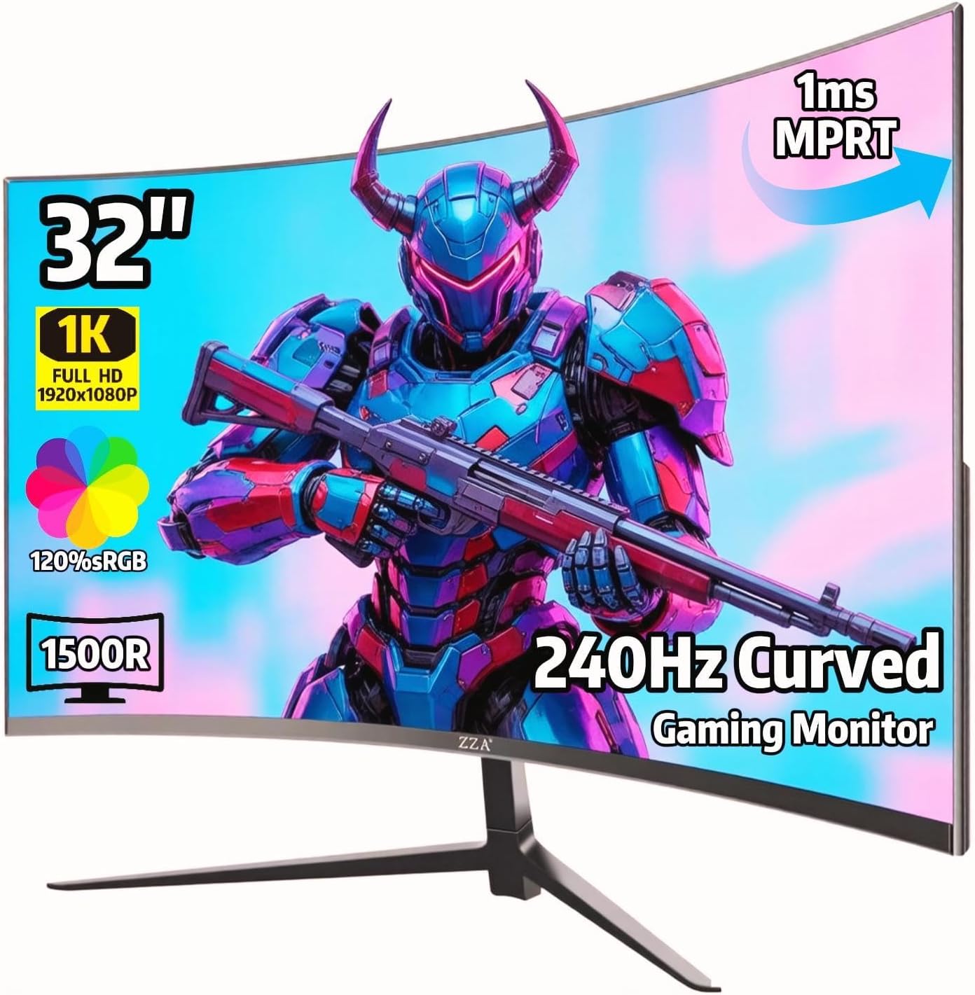 ZZA 32 Inch Curved Gaming Monitor 240Hz Curved Monitor Computer Monitor-HDMI DP USB Headphone Ports,1080p 1K FHD Ultra Slim Curved Screen with Wide Angle,High Refresh Rate Immersive PS5 Xbox PC Gaming